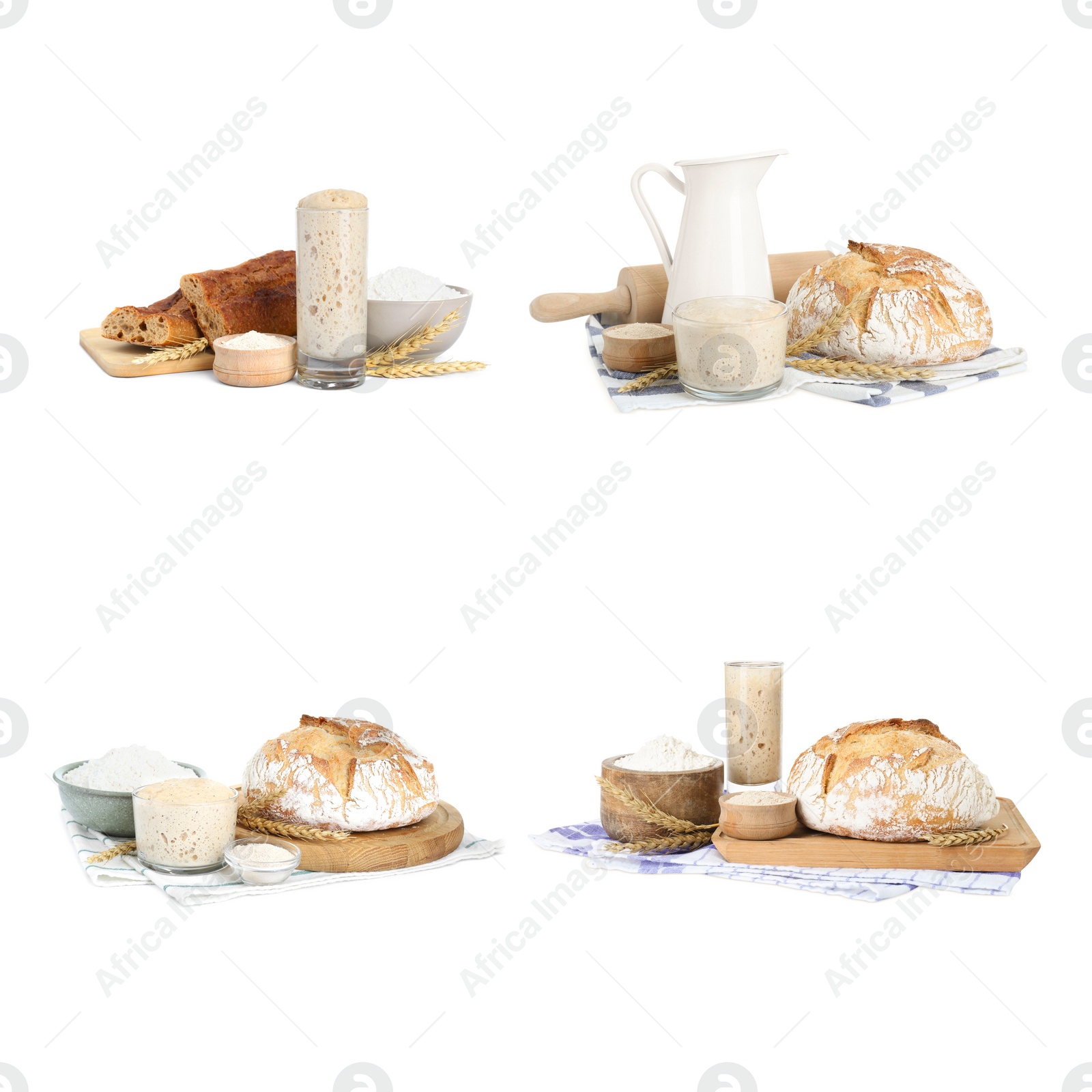 Image of Collage with sourdough starter and different freshly baked bread isolated on white. Leavening agent