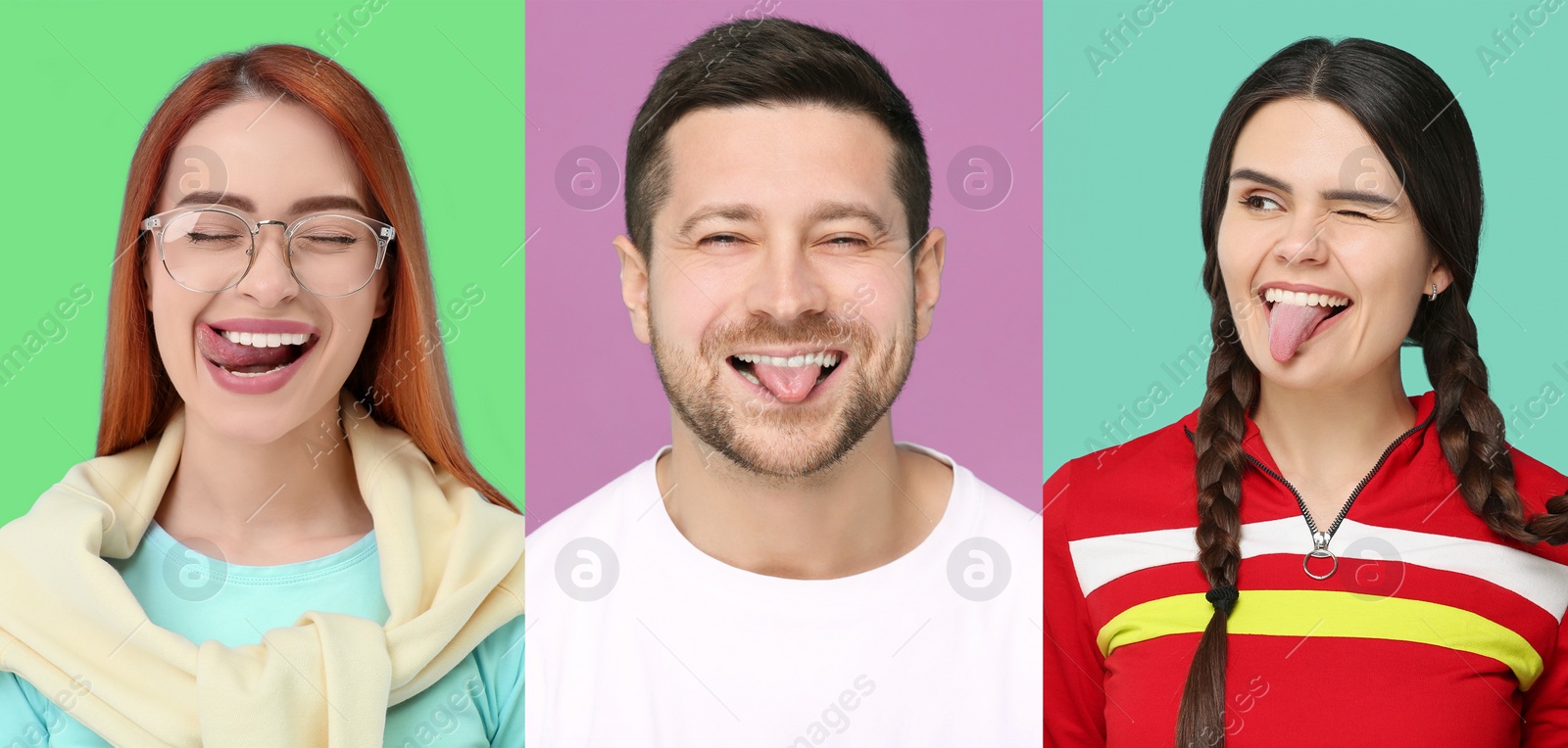 Image of Collage with photos of people showing their tongues on different color backgrounds