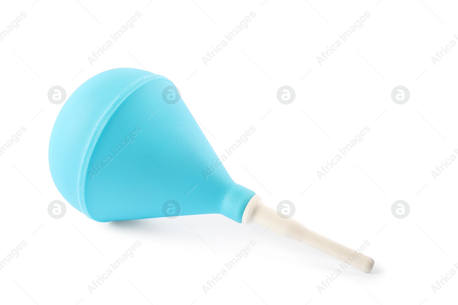 Photo of Light blue enema on white background. Medical treatment