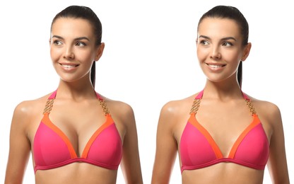 Image of Collage with photos of young woman before and after breast size correction on white background