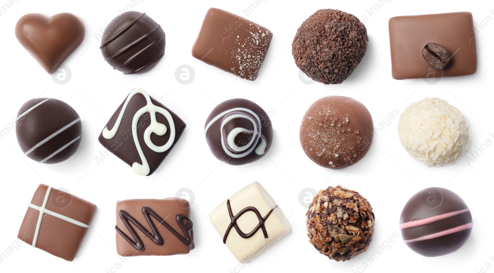 Image of Set with different chocolate candies on white background, top view. Banner design