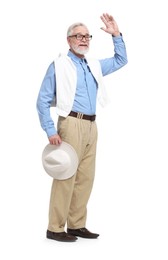Photo of Senior man waving hand on white background