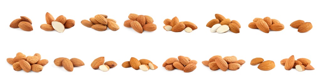 Set with tasty almond nuts on white background. Banner design