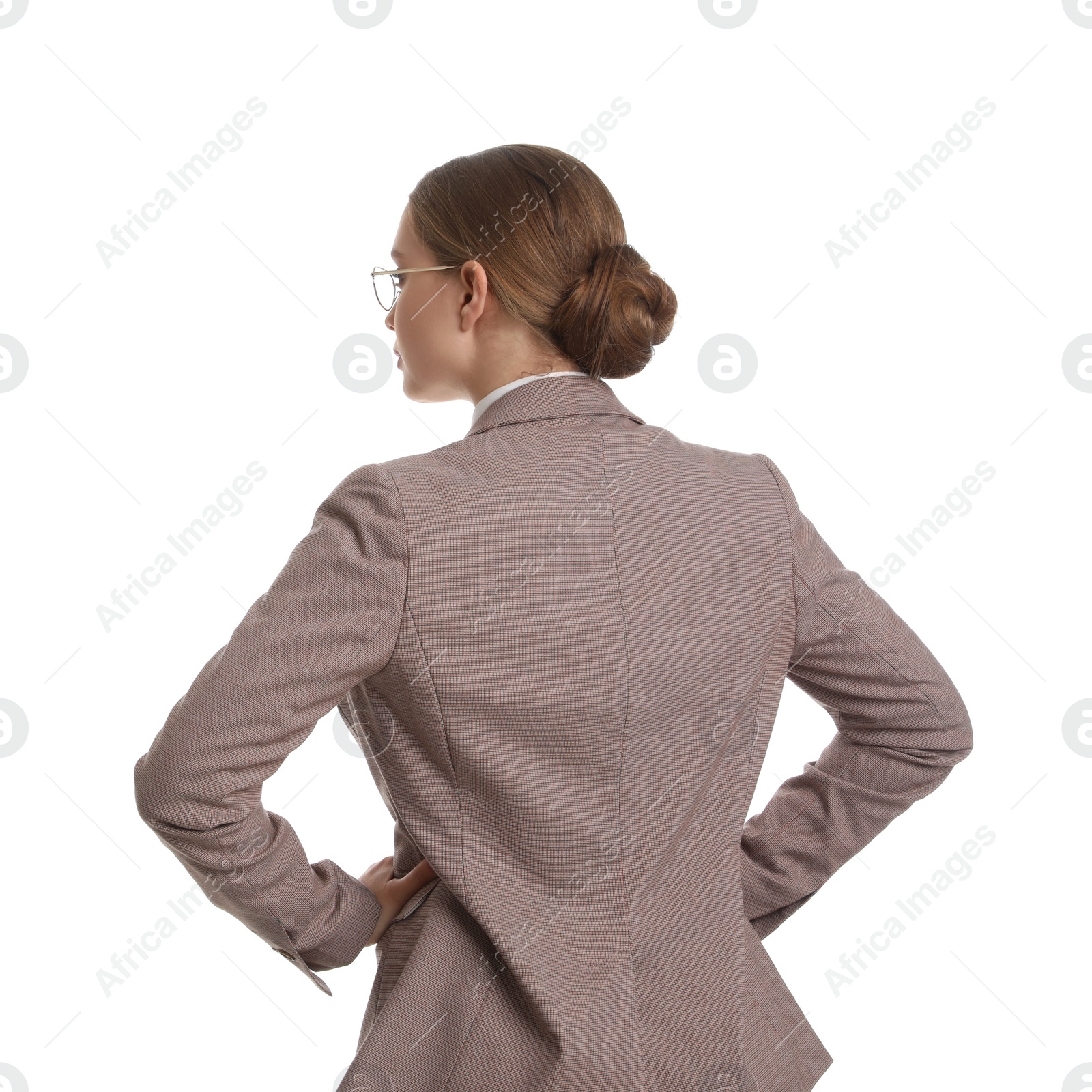 Photo of Young businesswoman in suit on white background
