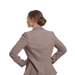 Young businesswoman in suit on white background