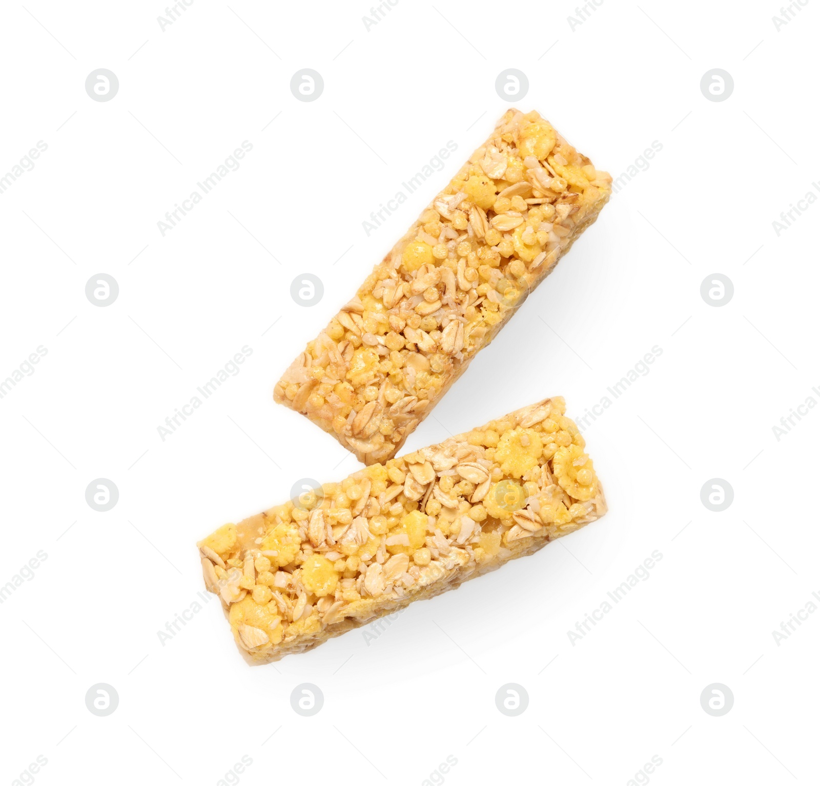 Photo of Two tasty granola bars isolated on white, top view