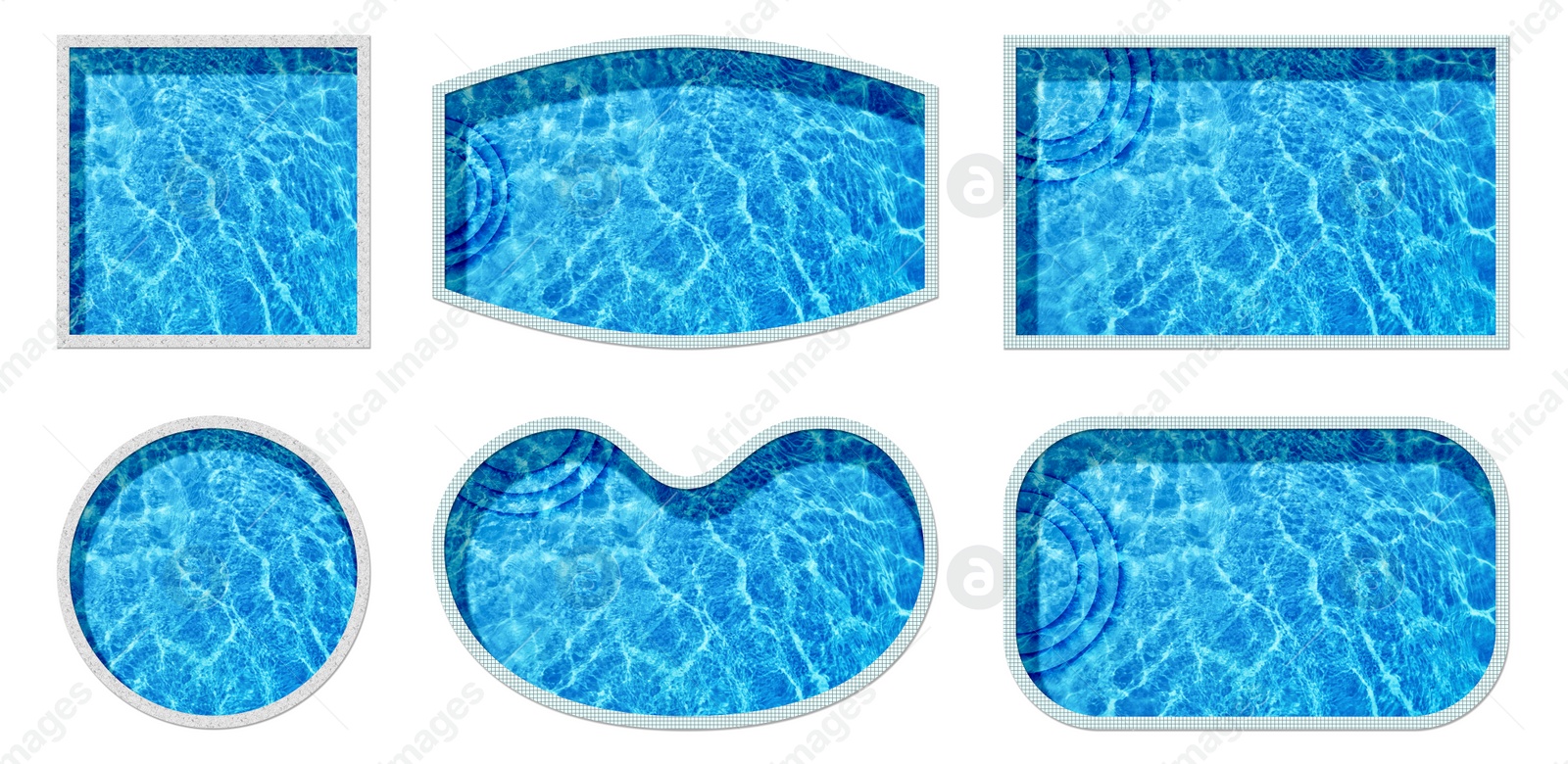 Image of Set with swimming pools of different shapes on white background, top view. Banner design