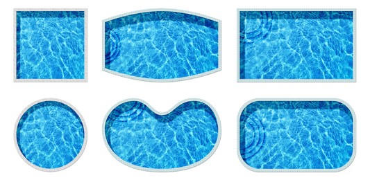 Set with swimming pools of different shapes on white background, top view. Banner design