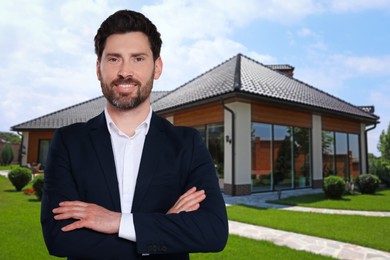 Image of Handsome real estate agent near beautiful house outdoors. Space for text