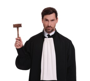 Photo of Judge in court dress with gavel on white background