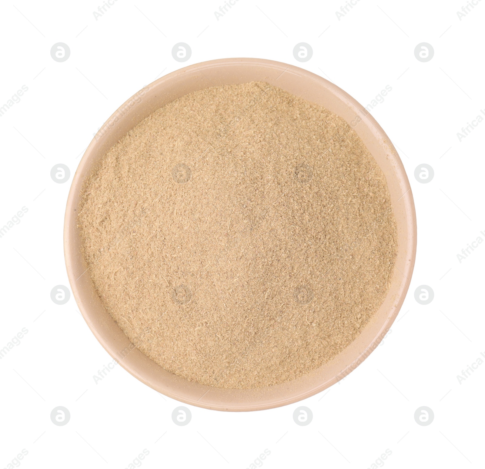 Photo of Dietary fiber. Psyllium husk powder in bowl isolated on white, top view