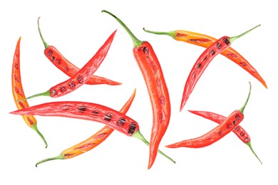 Image of Grilled chili peppers in air on white background