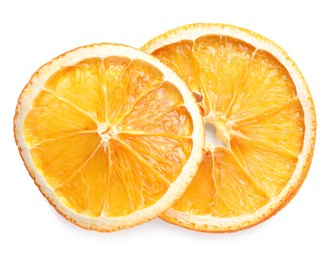 Photo of Delicious dry orange slices on white background, top view