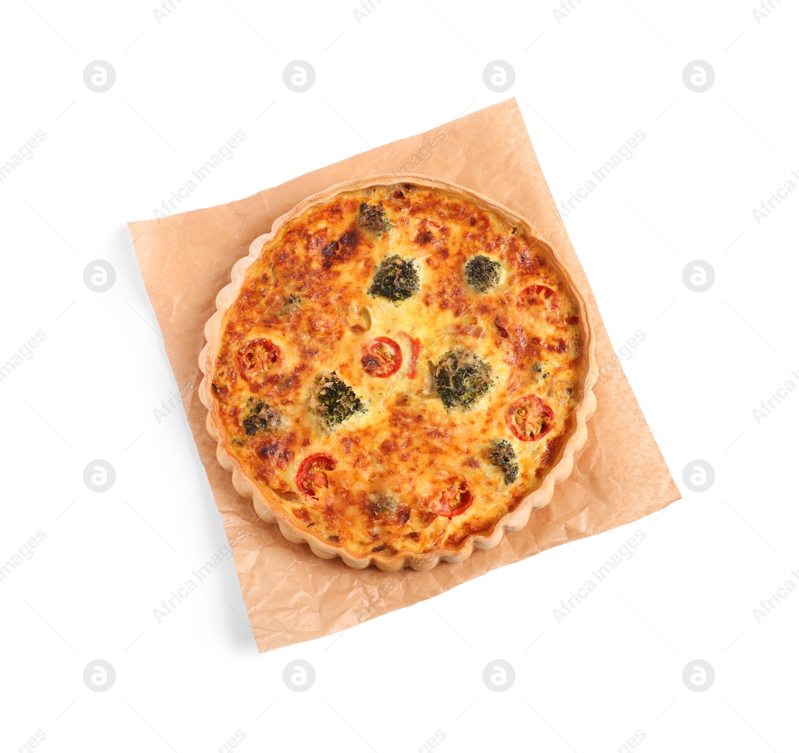 Photo of Delicious homemade vegetable quiche isolated on white, top view