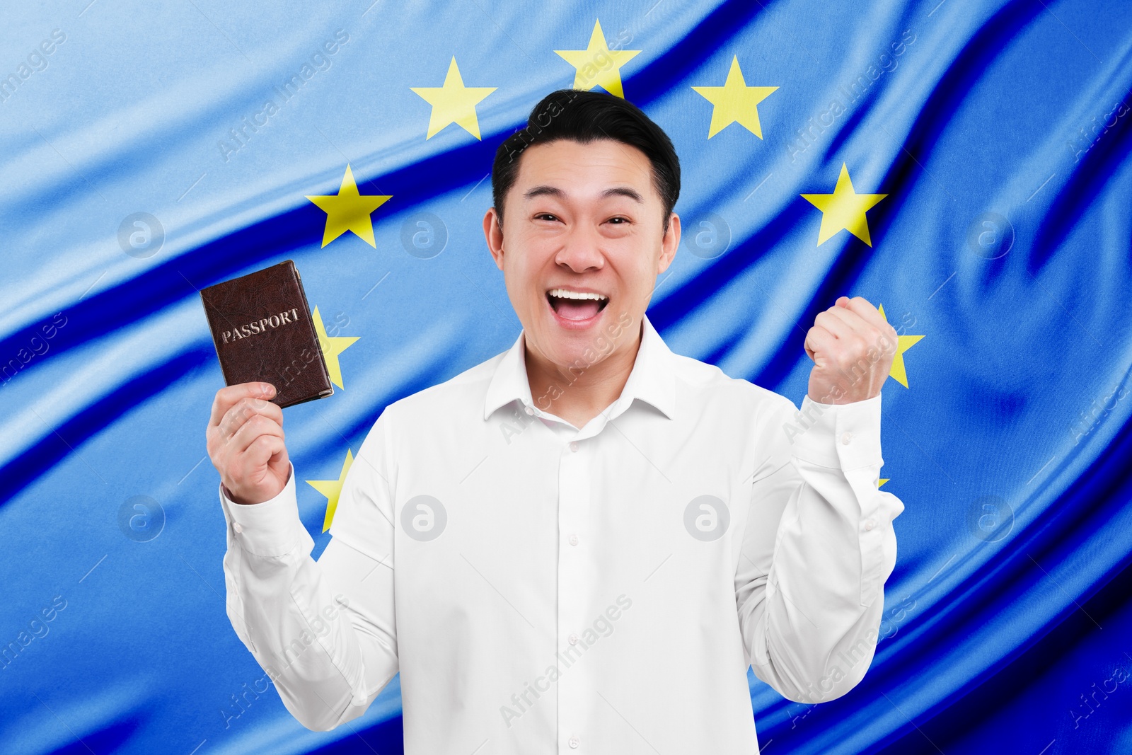 Image of Immigration. Happy man with passport against flag of European Union
