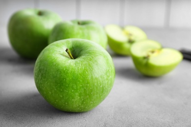 Photo of Fresh green apples on table, closeup