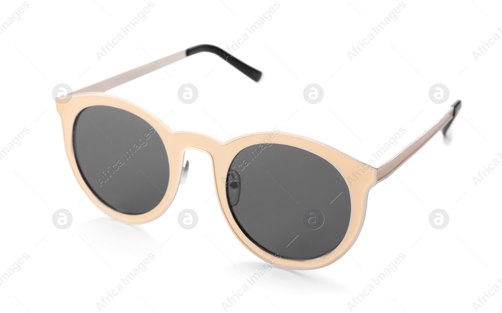 Photo of Beautiful sunglasses on white background. Beach object