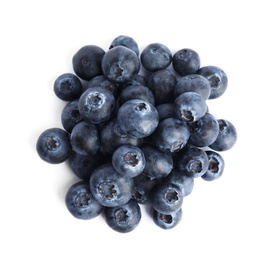 Photo of Fresh ripe blueberries on white background, top view