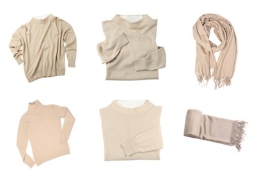 Image of Set with different cashmere clothes isolated on white, top view