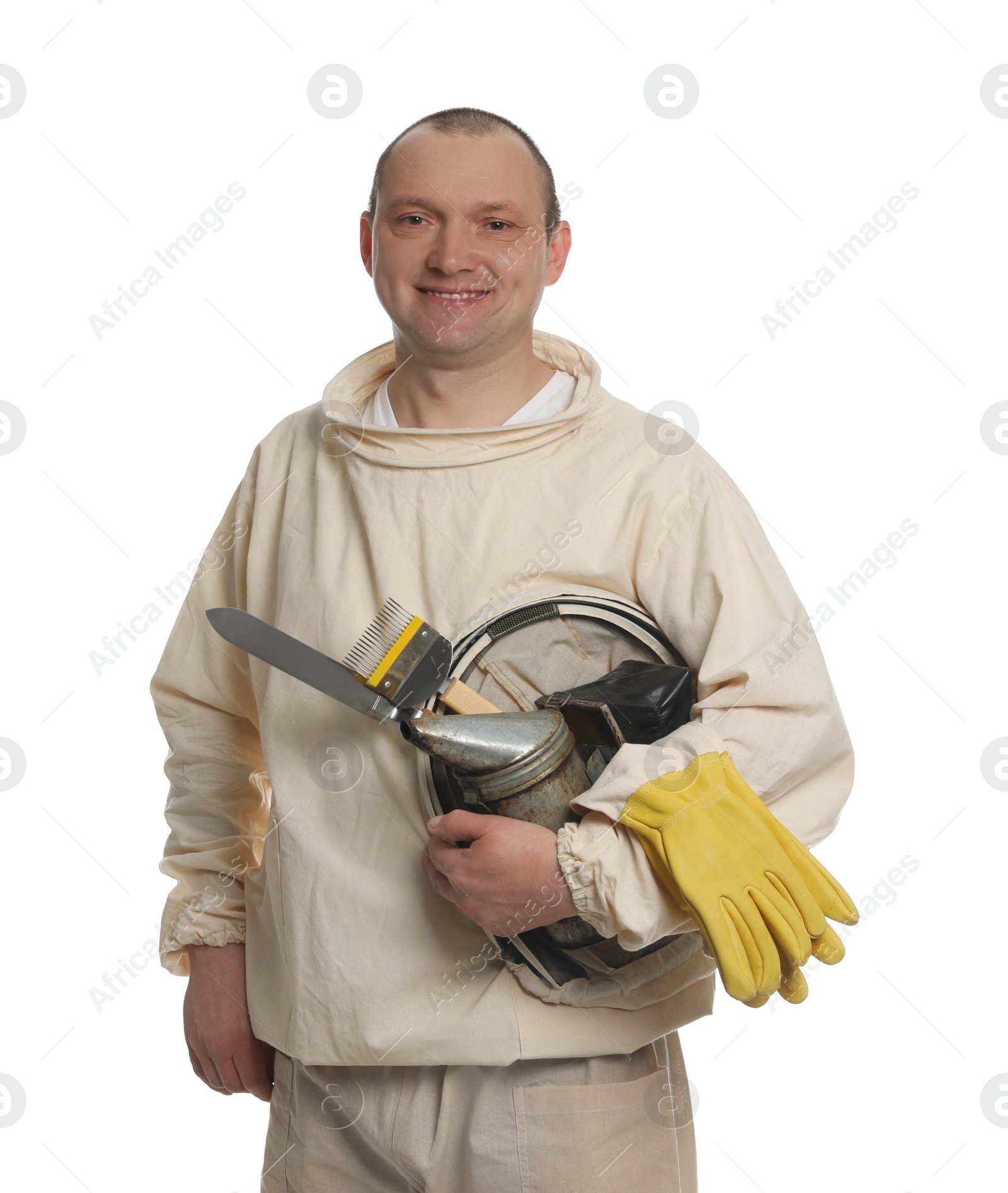 Photo of Beekeeper in uniform with tools on white background