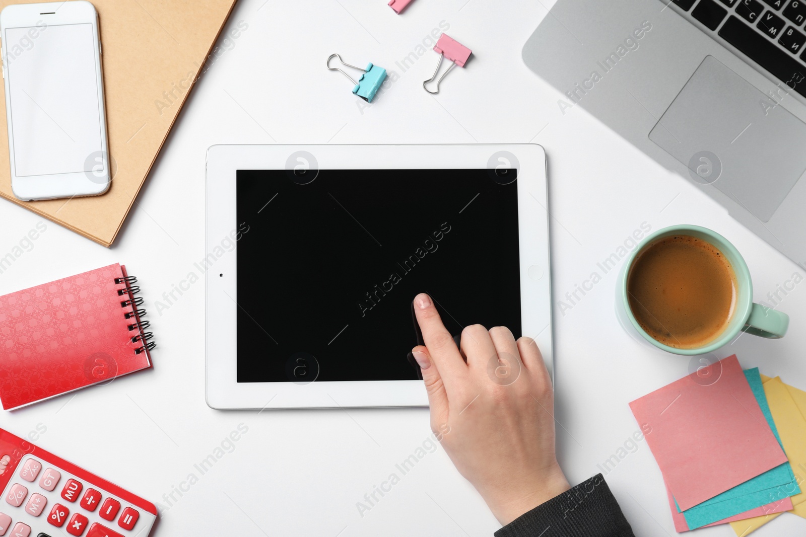 Photo of Woman with tablet computer on white background. Business trainer concept