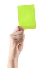Photo of Referee holding yellow card on white background, closeup