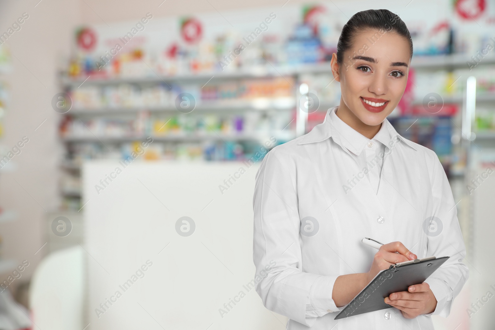 Image of Professional pharmacist in modern drugstore, space for text 