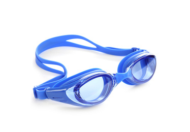 Photo of Blue swim goggles isolated on white. Beach object