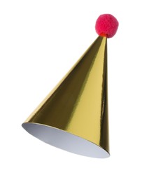 One shiny golden party hat isolated on white