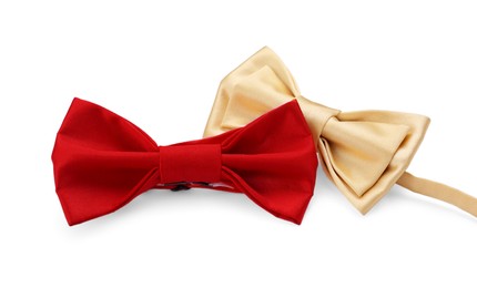 Different stylish bow ties on white background