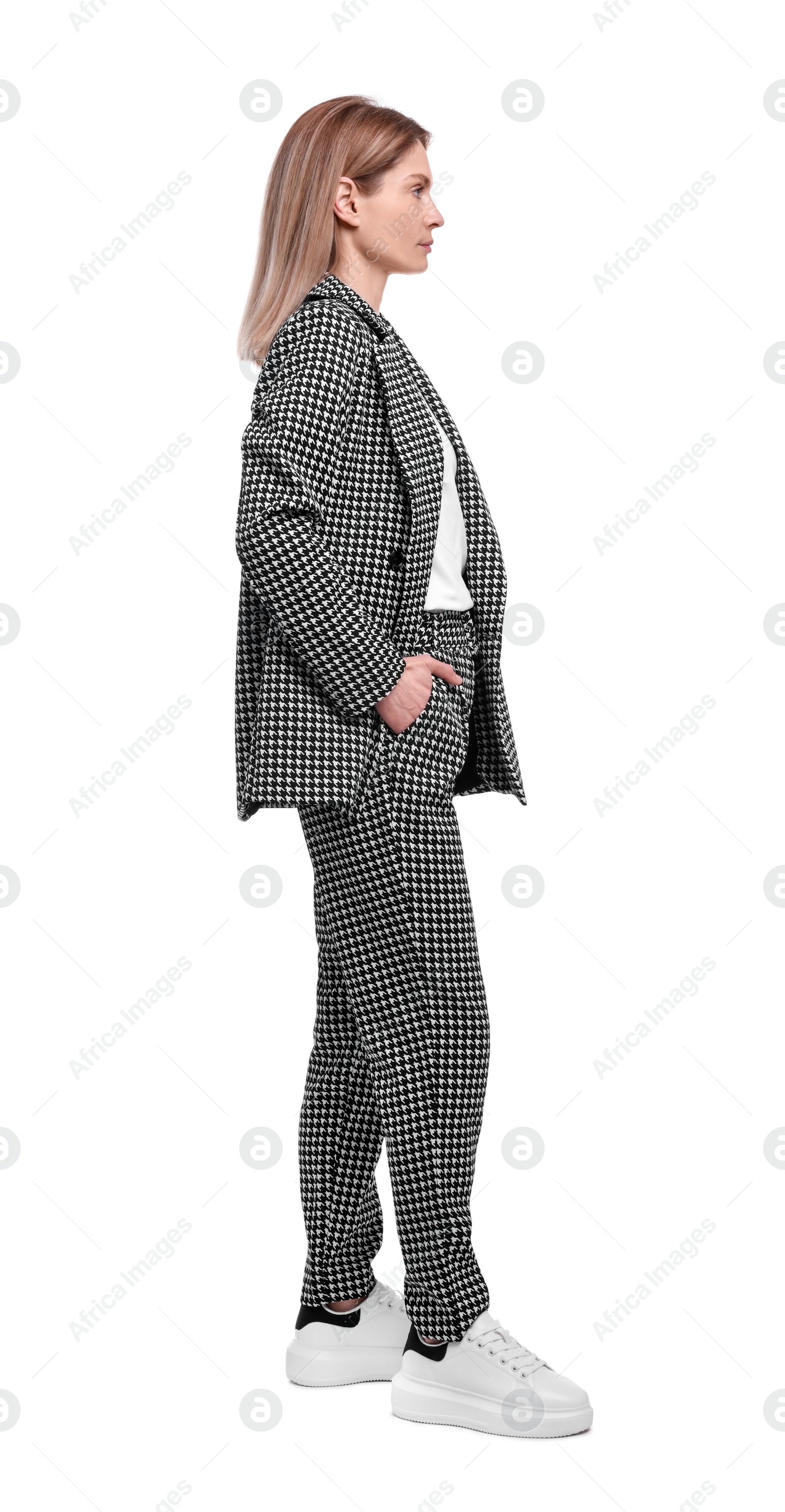 Photo of Beautiful businesswoman in suit on white background