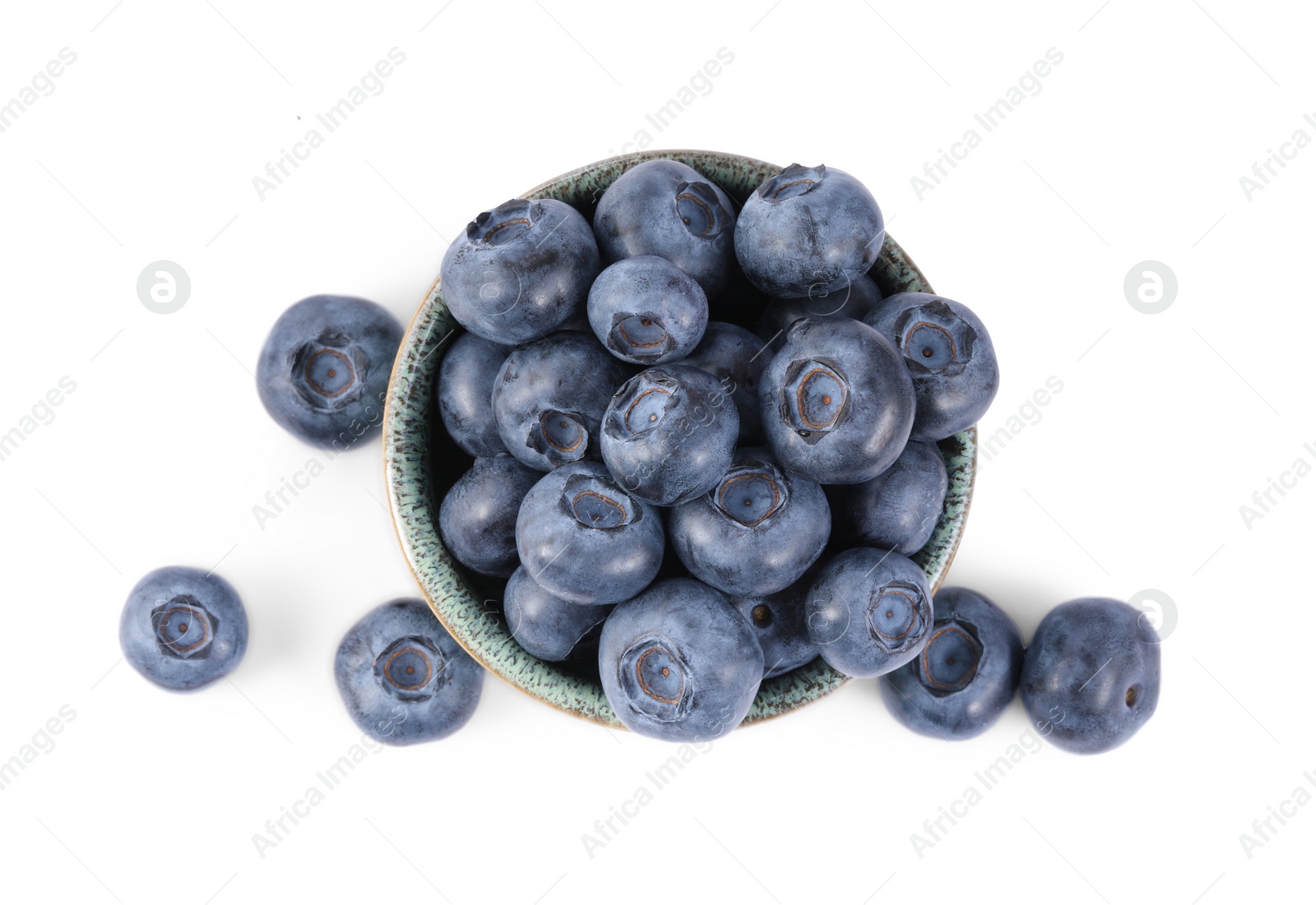 Photo of Fresh ripe blueberries isolated on white, top view