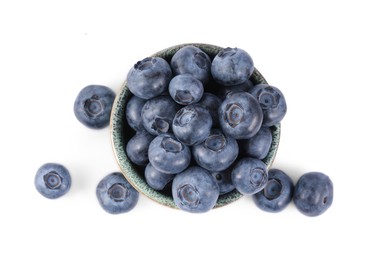 Photo of Fresh ripe blueberries isolated on white, top view