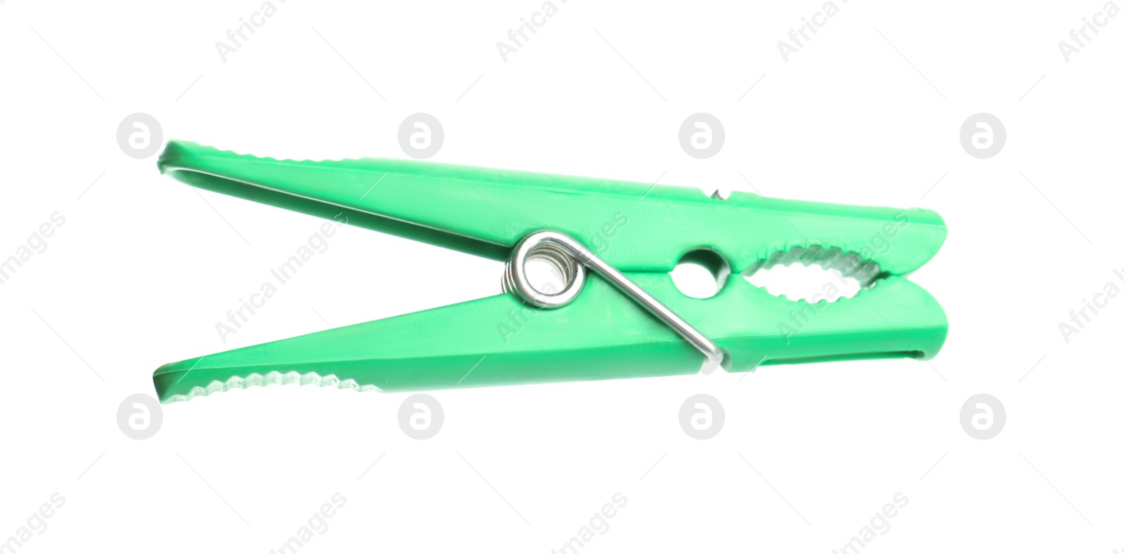 Photo of Bright green plastic clothespin isolated on white