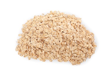 Photo of Pile of oatmeal isolated on white, top view