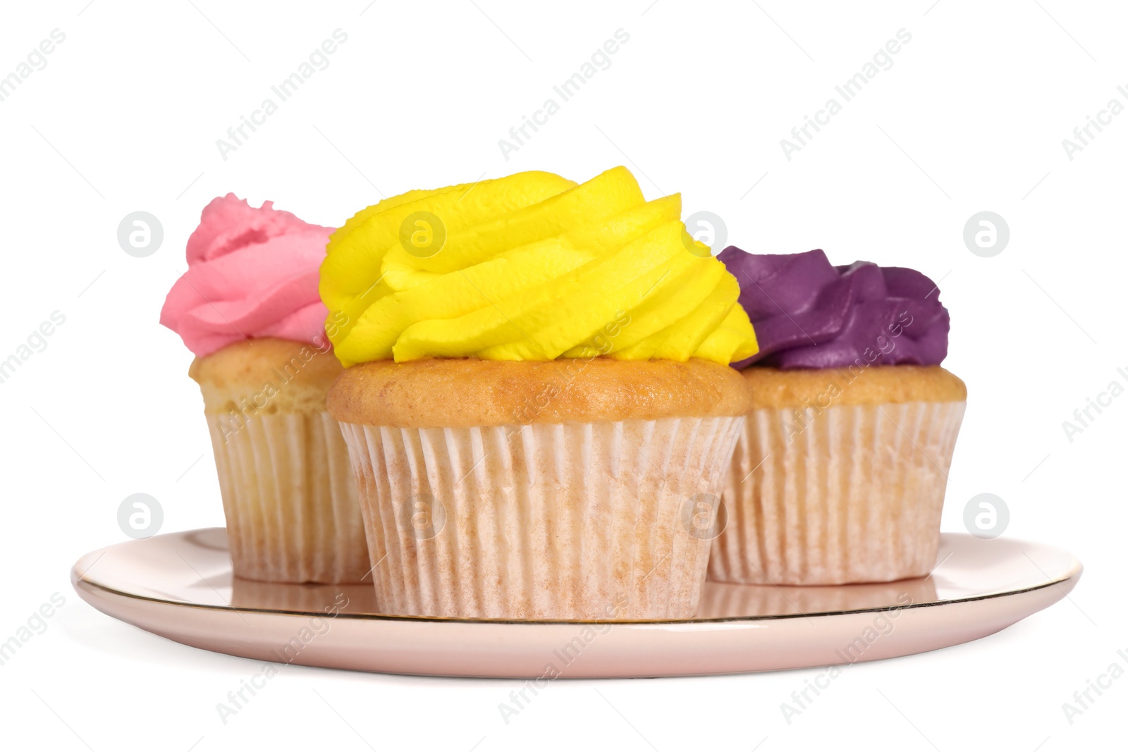 Photo of Delicious cupcakes with bright cream isolated on white