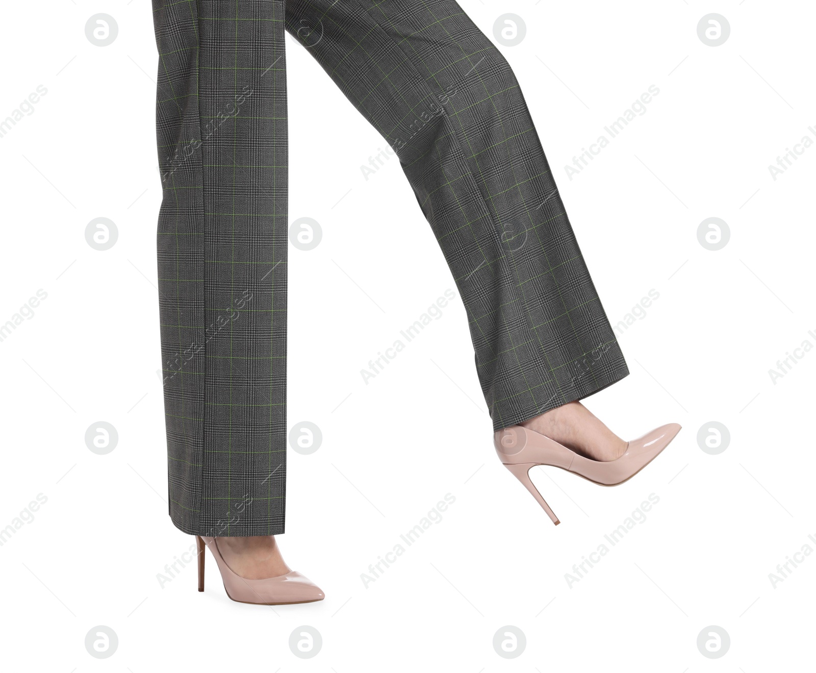 Photo of Businesswoman in beige shoes on white background, closeup