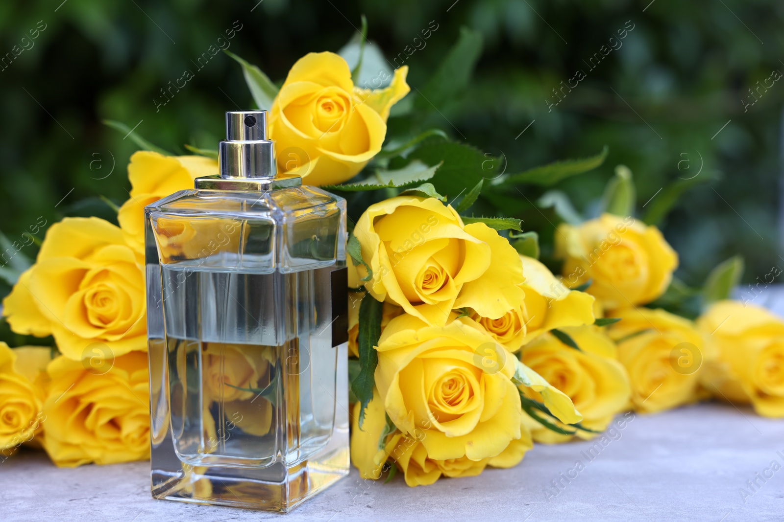 Photo of Perfume and beautiful bouquet of yellow roses on light table, space for text