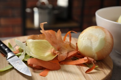 Photo of Peels of fresh vegetables and knife on table indoors