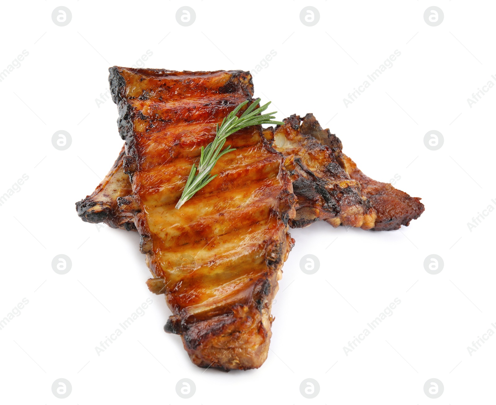 Photo of Tasty grilled ribs with rosemary isolated on white