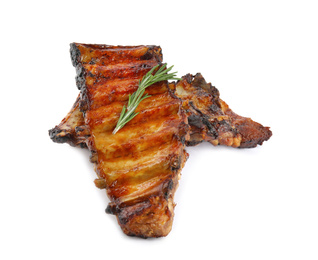 Photo of Tasty grilled ribs with rosemary isolated on white