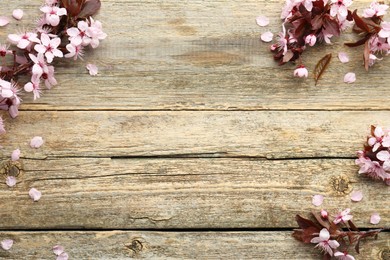 Photo of Spring branches with beautiful blossoms and leaves on wooden table, flat lay. Space for text