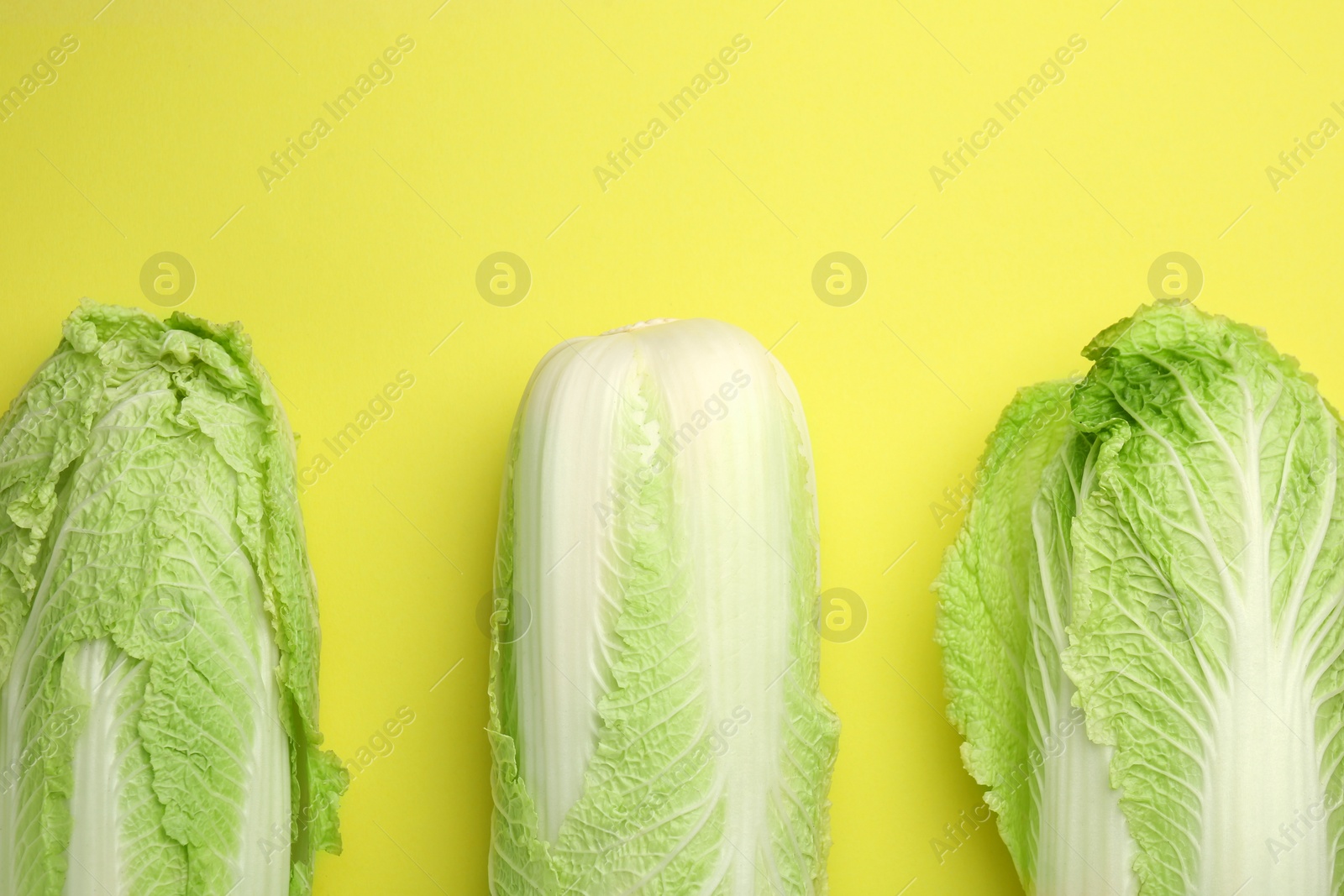 Photo of Fresh ripe Chinese cabbages on green background, top view