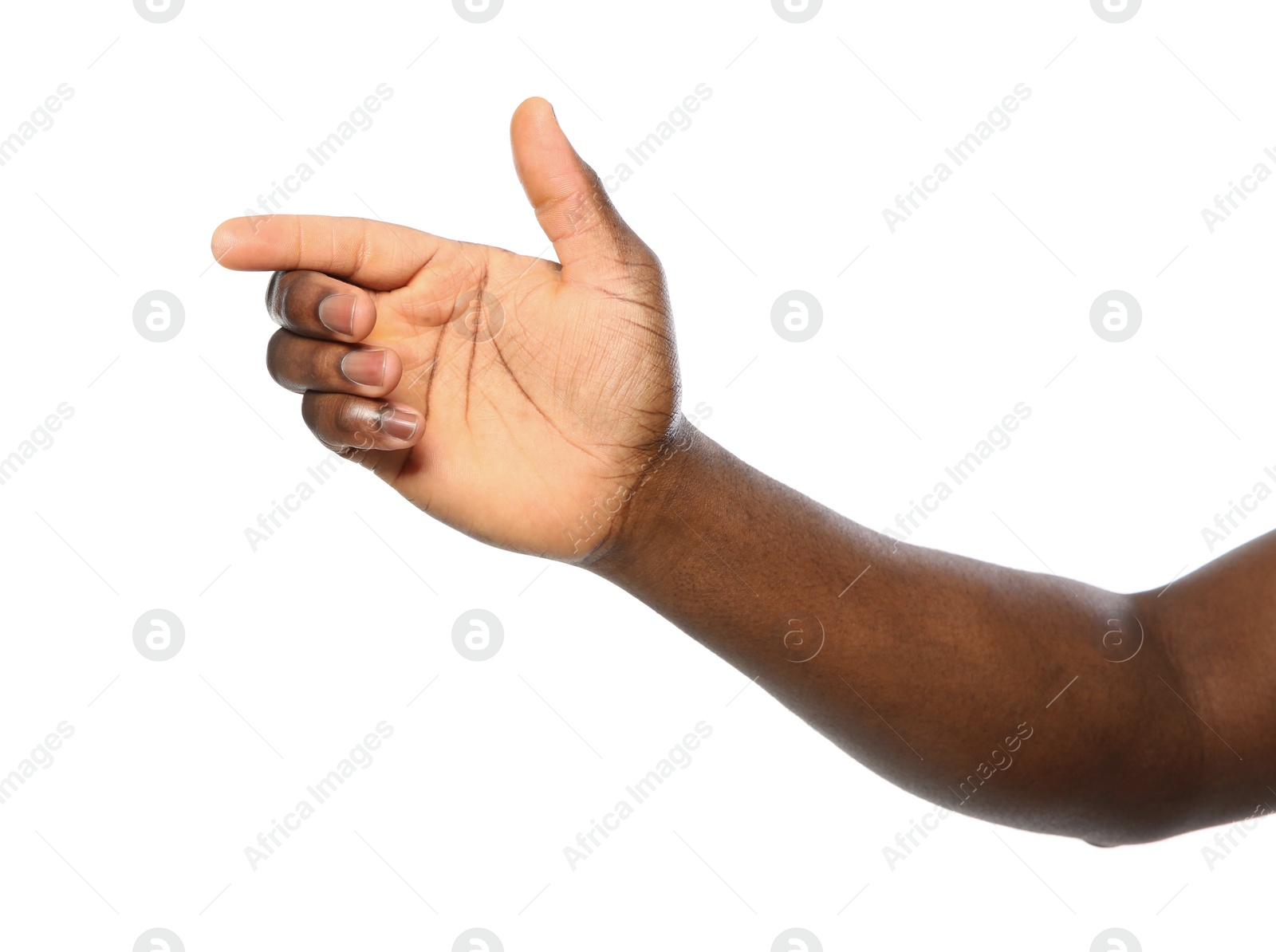 Photo of African-American man extending hand for shake on white background, closeup