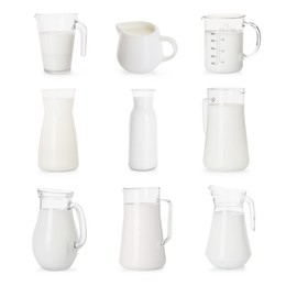 Image of Fresh milk in jugs isolated on white, set