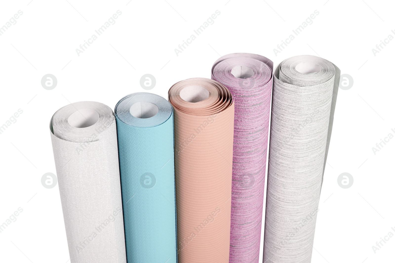 Image of Different colorful wallpaper rolls isolated on white