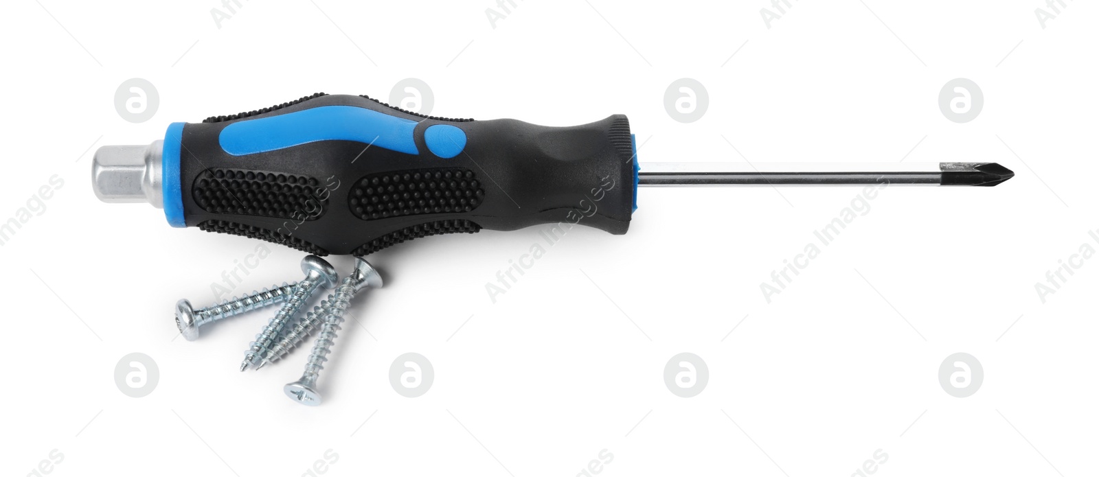 Photo of Screwdriver with black handle and screws isolated on white, top view