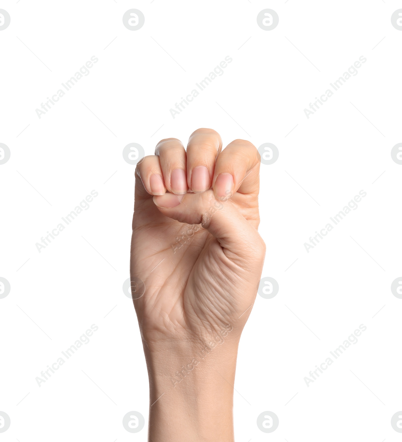 Photo of Woman showing E letter on white background, closeup. Sign language