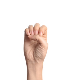Photo of Woman showing E letter on white background, closeup. Sign language