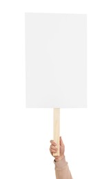 Man holding blank protest sign on white background, closeup